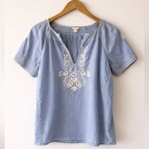 J.Crew Blue 100% Cotton Embroidered Boho Blouse Peasant Top Size M